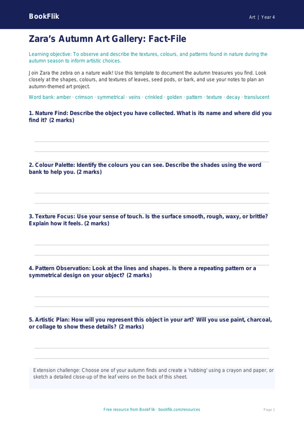 Free Autumn Art Template | Year 4 Core | BookFlik worksheet preview — Art Autumn Art