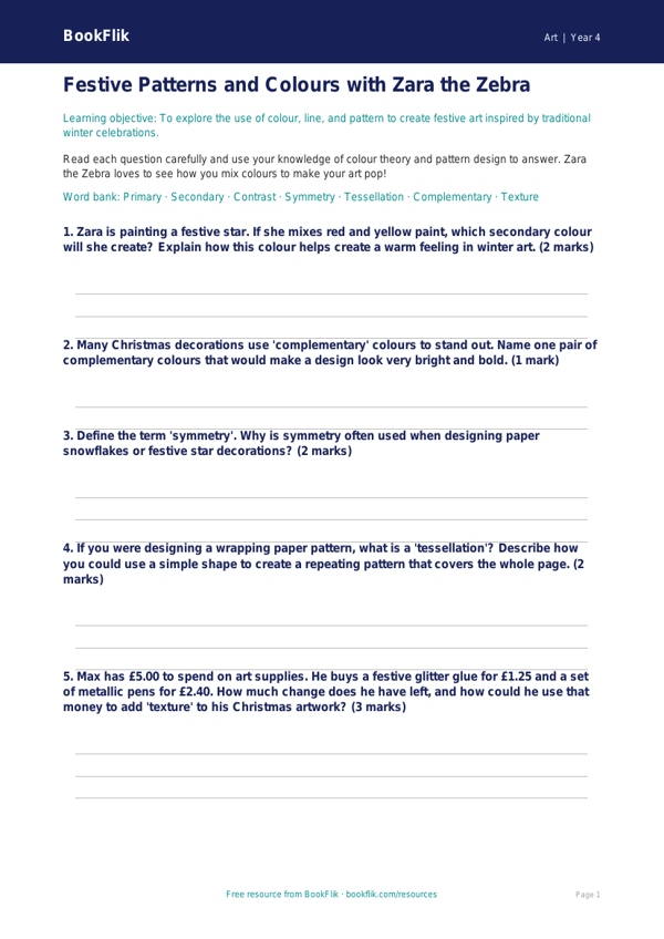 Free Christmas Art Worksheet | Year 4 Core | BookFlik worksheet preview — Art Christmas Art