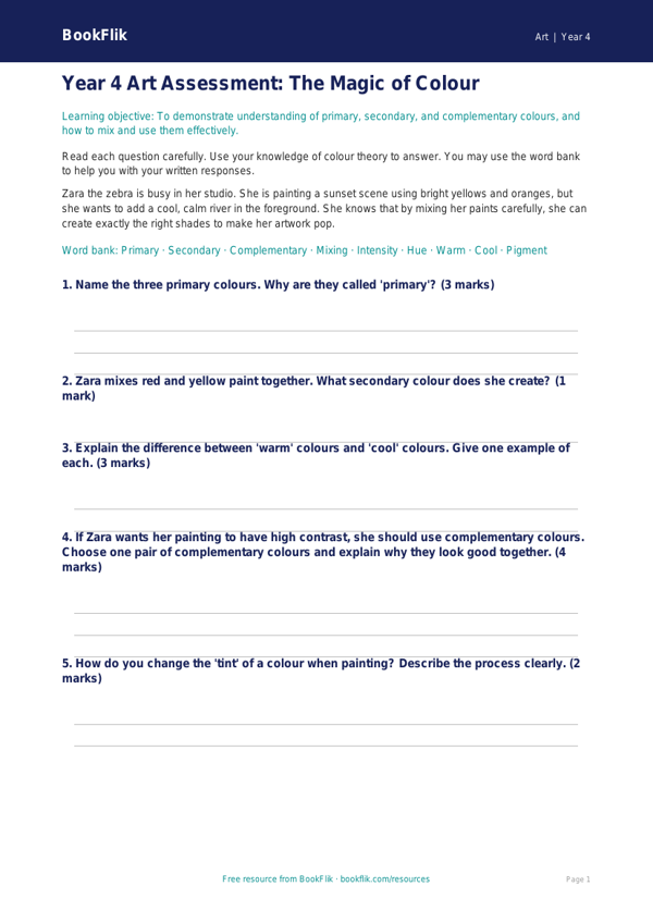 Free Colour Theory Assessment | Year 4 Core | BookFlik worksheet preview — Art Colour Theory