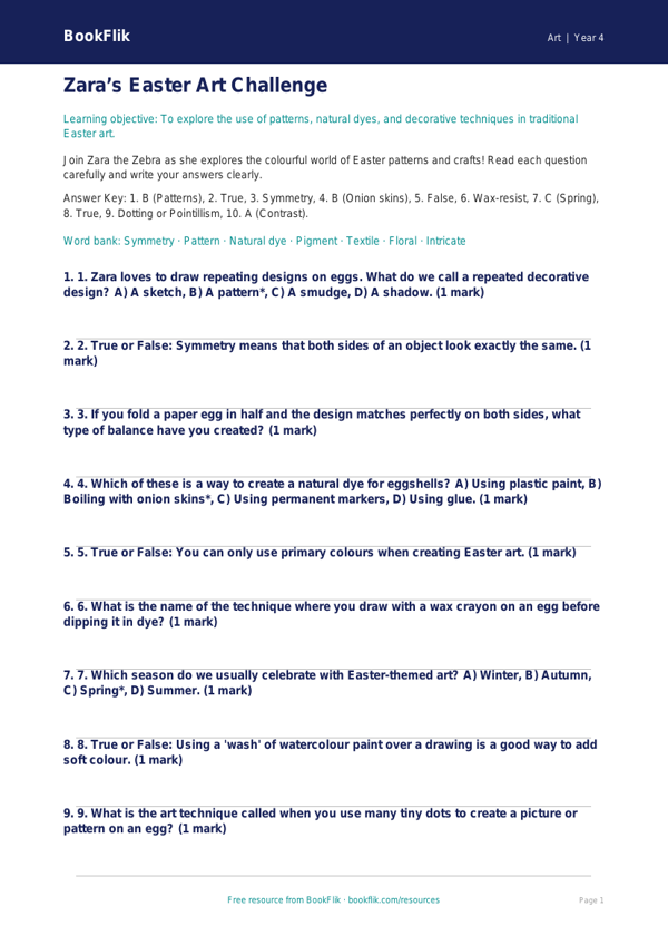 Free Easter Art Quiz | Year 4 Core | BookFlik worksheet preview — Art Easter Art