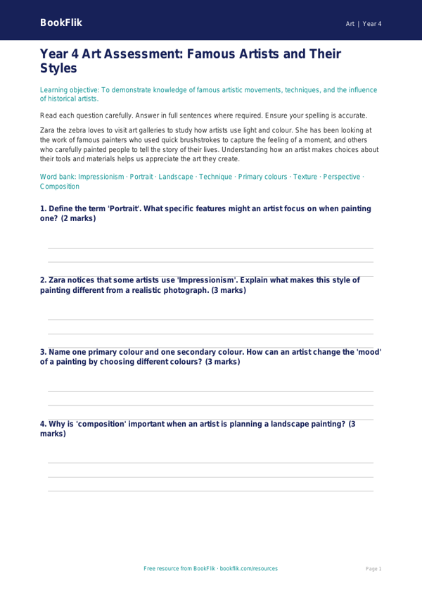 Free Famous Artists Assessment | Year 4 Core | BookFlik worksheet preview — Art Famous Artists