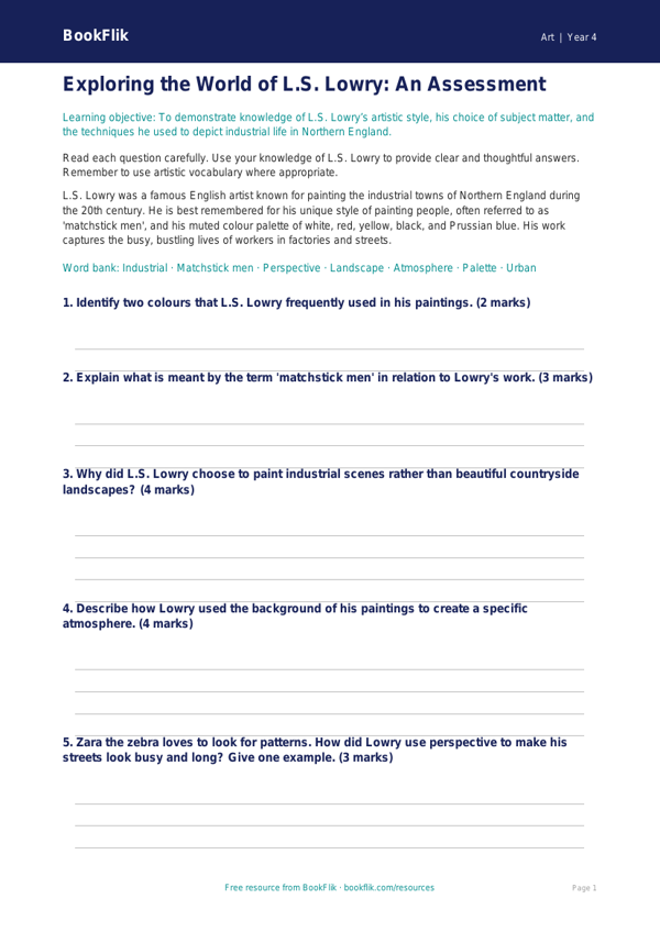 Free Lowry Assessment | Year 4 Core | BookFlik worksheet preview — Art Lowry