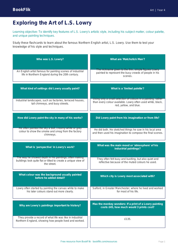 Free L.S. Lowry Flashcards | Year 4 Art Lesson | BookFlik worksheet preview — Art Lowry