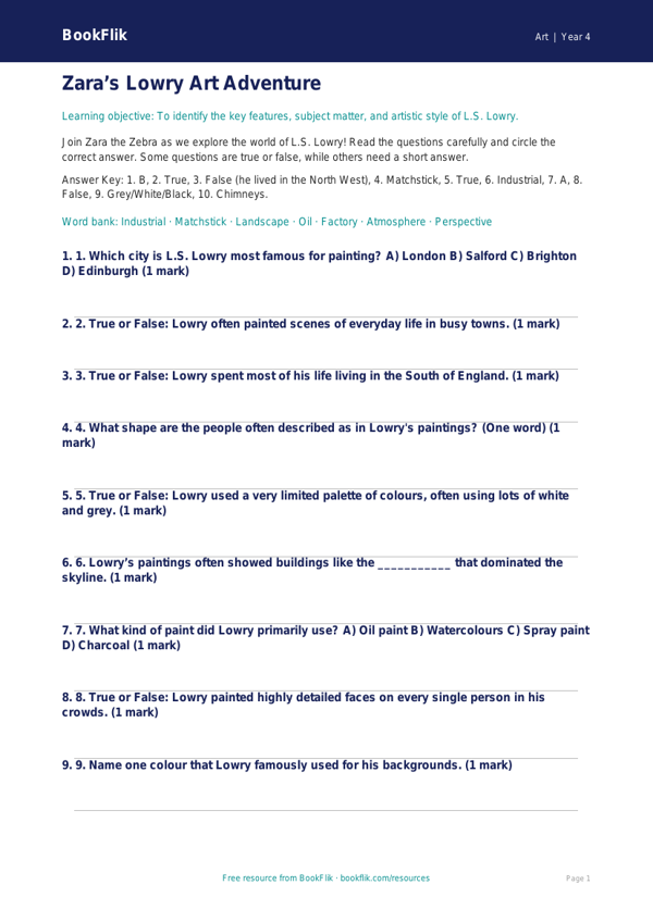 Free L.S. Lowry Quiz | Year 4 Art Worksheet | BookFlik worksheet preview — Art Lowry