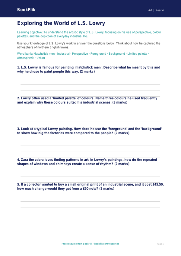 Free L.S. Lowry Art Worksheet | Year 4 Lesson Plan | BookFlik worksheet preview — Art Lowry