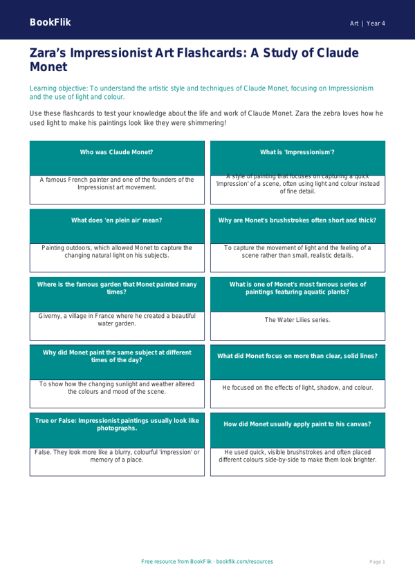 Free Monet Flashcards | Year 4 Art History | BookFlik worksheet preview — Art Monet