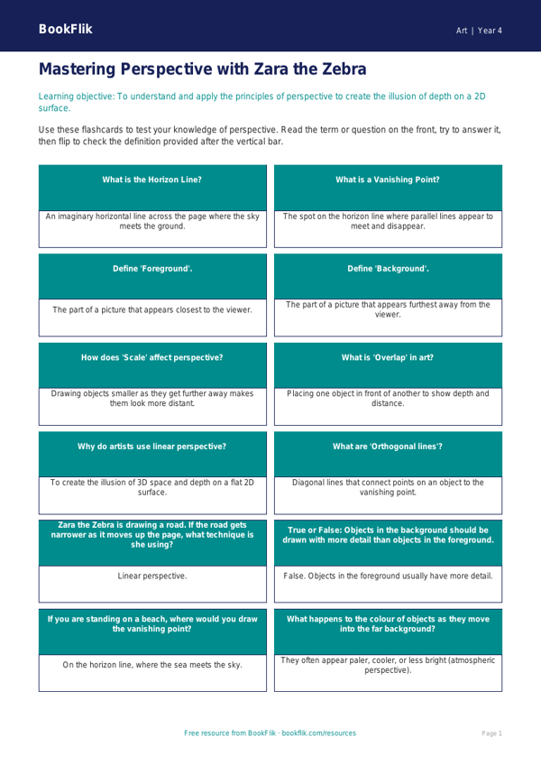Free Perspective Flashcards | Year 4 Core | BookFlik worksheet preview — Art Perspective