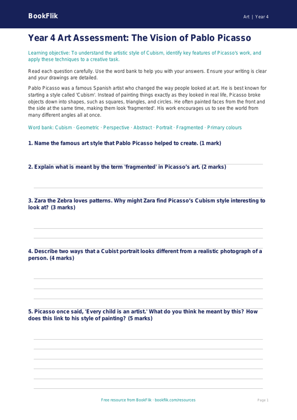 Free Picasso Assessment | Year 4 Core | BookFlik worksheet preview — Art Picasso