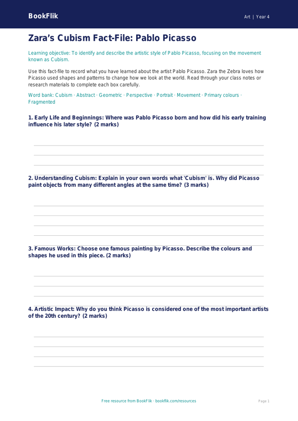 Free Picasso Art Template | Year 4 Core Curriculum | BookFlik worksheet preview — Art Picasso