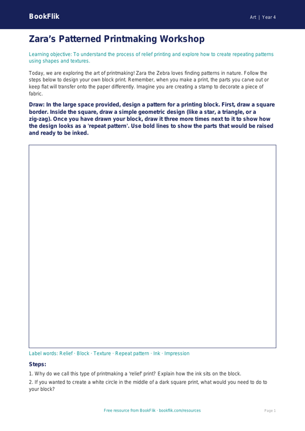 Free Printmaking Drawing Sheet | Year 4 Core | BookFlik worksheet preview — Art Printmaking