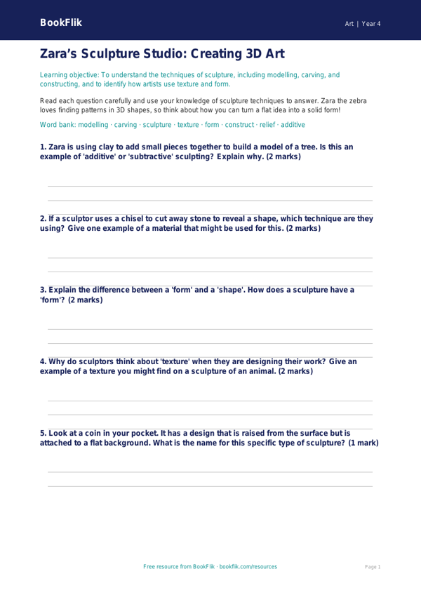 Free Sculpture Worksheet | Year 4 Art Lesson | BookFlik worksheet preview — Art Sculpture