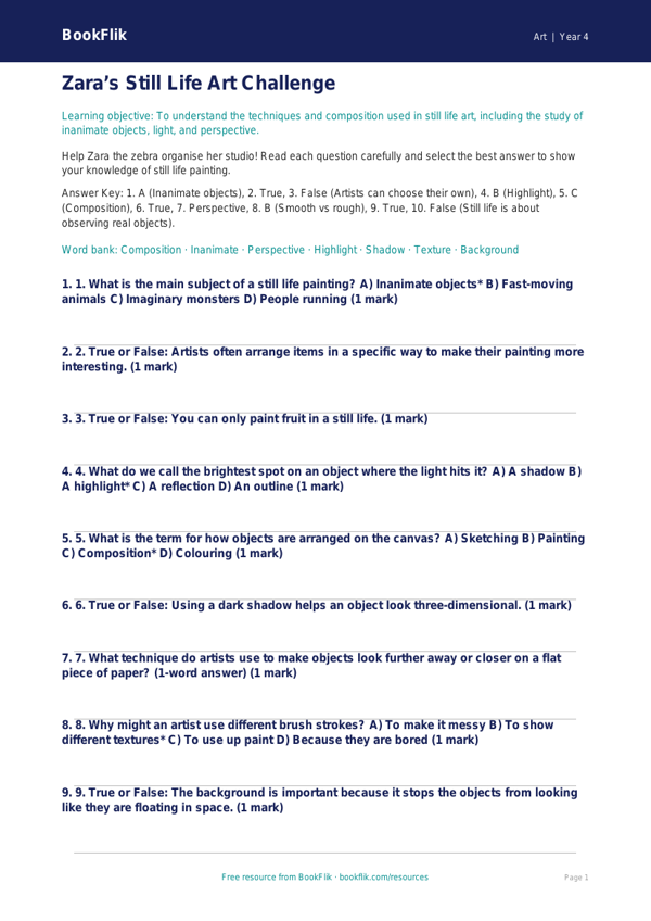 Free Still Life Quiz | Year 4 Core | BookFlik worksheet preview — Art Still Life