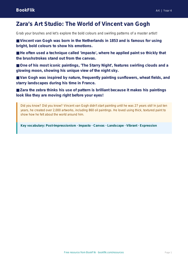 Free Van Gogh Poster | Year 4 Core | BookFlik worksheet preview — Art Van Gogh