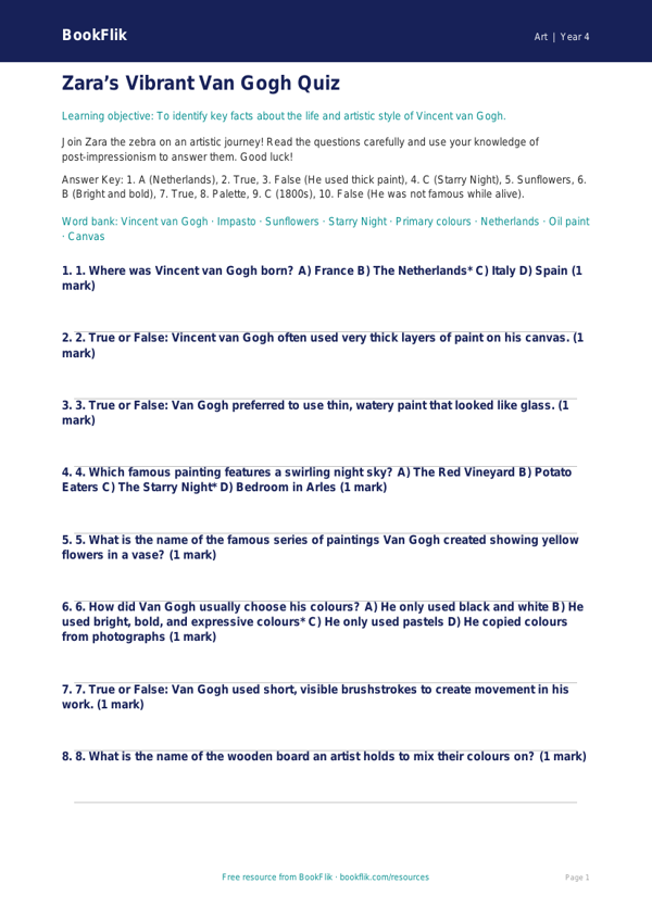 Free Van Gogh Quiz | Year 4 Core | BookFlik worksheet preview — Art Van Gogh