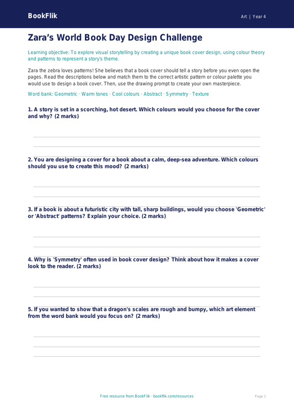 Free World Book Day Art Activity Sheet | Year 4 Core | BookFlik worksheet preview — Art World Book Day Art