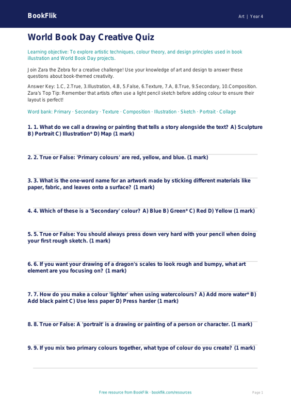 Free World Book Day Art Quiz | Year 4 Core | BookFlik worksheet preview — Art World Book Day Art