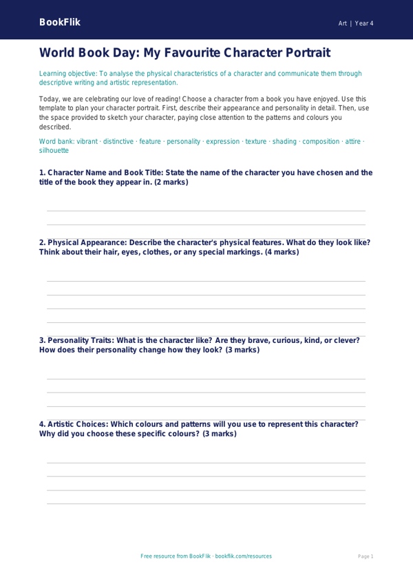Free World Book Day Art Template | Year 4 Core | BookFlik worksheet preview — Art World Book Day Art