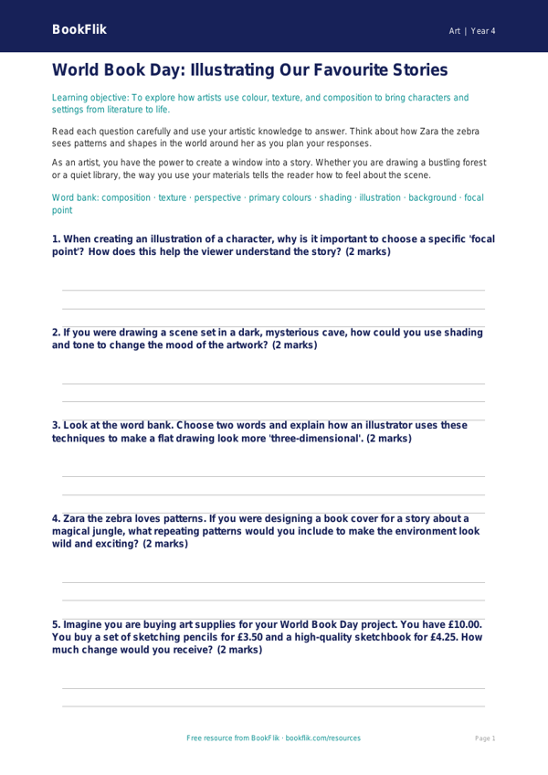 Free World Book Day Art Worksheet | Year 4 Core | BookFlik worksheet preview — Art World Book Day Art