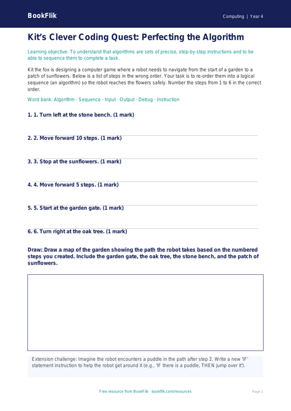 Free Algorithms Activity Sheet | Year 4 Core | BookFlik worksheet preview — Computing Algorithms