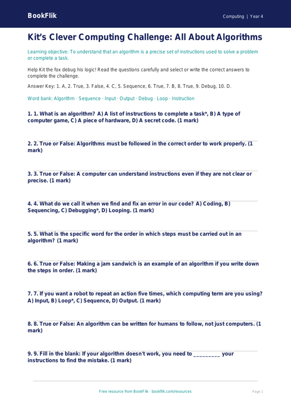 Free Algorithms Quiz | Year 4 Core | BookFlik worksheet preview — Computing Algorithms