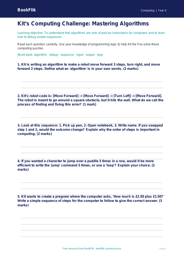 Free Coding Worksheet | Year 4 Core | BookFlik worksheet preview — Computing Coding