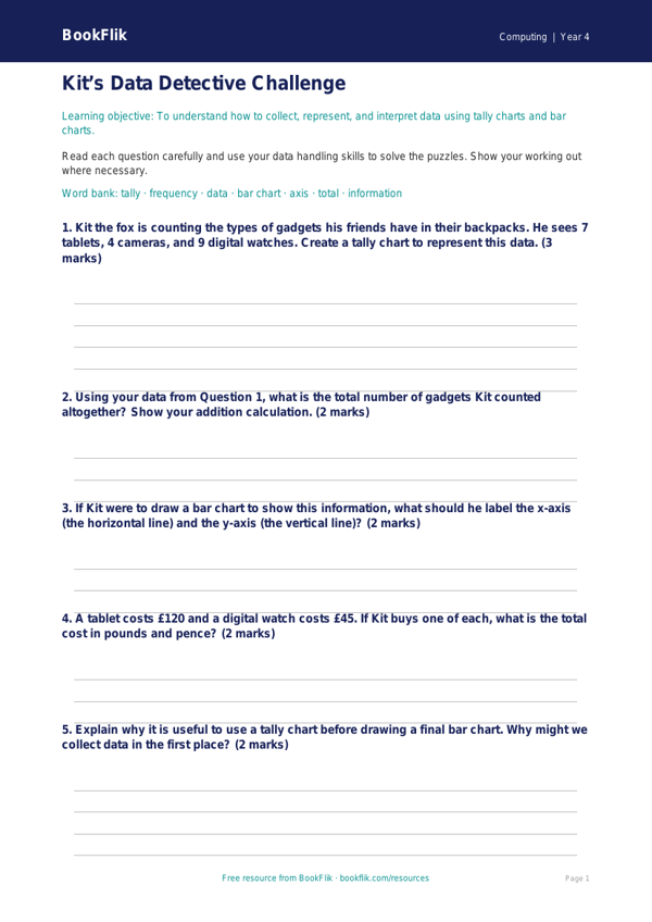 Free Data Handling Worksheet | Year 4 Core | BookFlik worksheet preview — Computing Data Handling