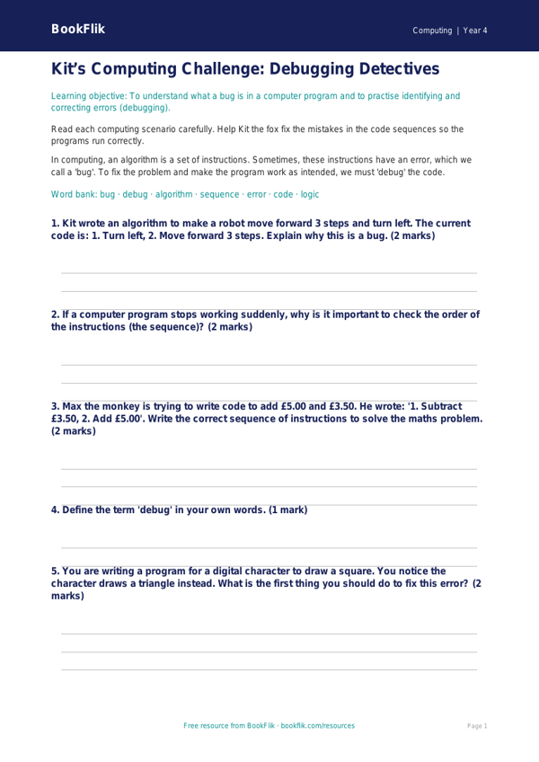 Free Debugging Worksheet | Year 4 Core | BookFlik worksheet preview — Computing Debugging