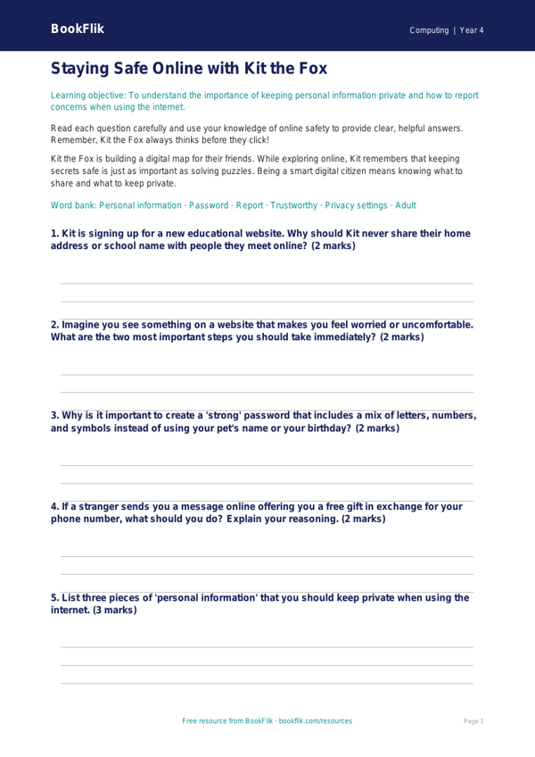 Free E Safety Worksheet | Year 4 Core | BookFlik worksheet preview — Computing E Safety
