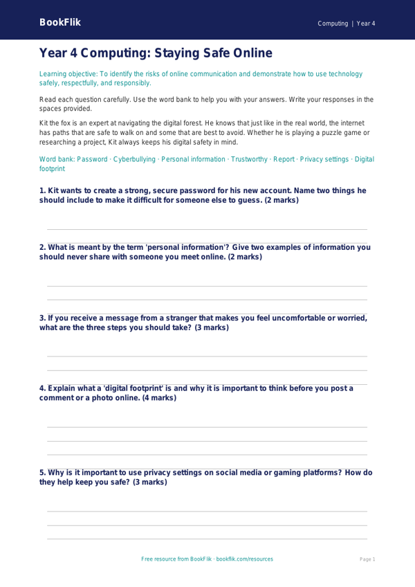 Free Internet Safety Assessment | Year 4 Core | BookFlik worksheet preview — Computing Internet Safety