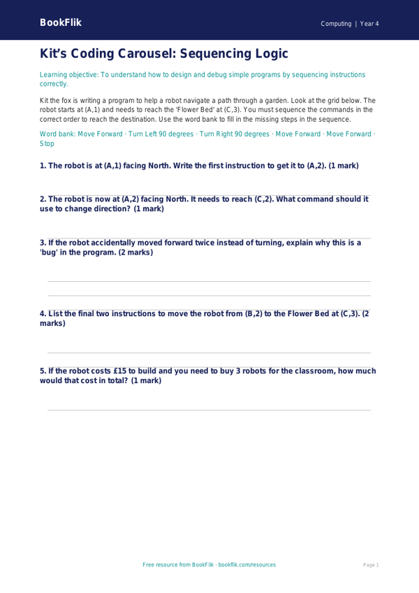 Free Programming Activity Sheet | Year 4 Core | BookFlik worksheet preview — Computing Programming
