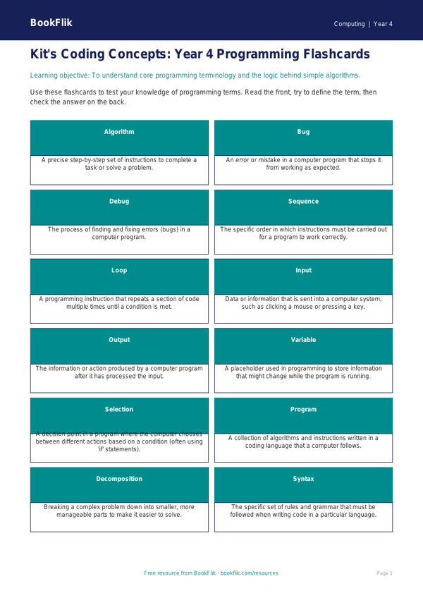 Free Programming Flashcards | Year 4 Core | BookFlik worksheet preview — Computing Programming