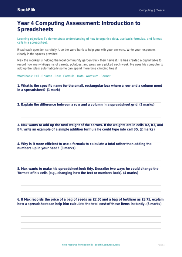Free Spreadsheets Assessment | Year 4 Core | BookFlik worksheet preview — Computing Spreadsheets