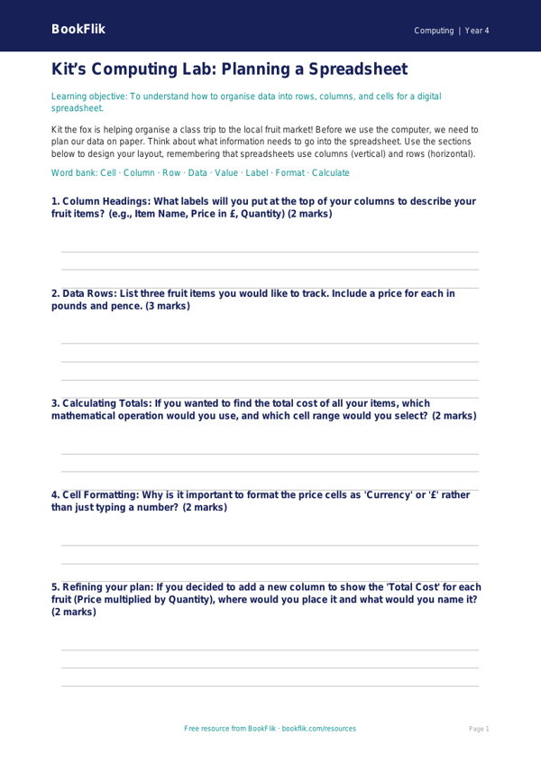Free Spreadsheets Template | Year 4 Core | BookFlik worksheet preview — Computing Spreadsheets
