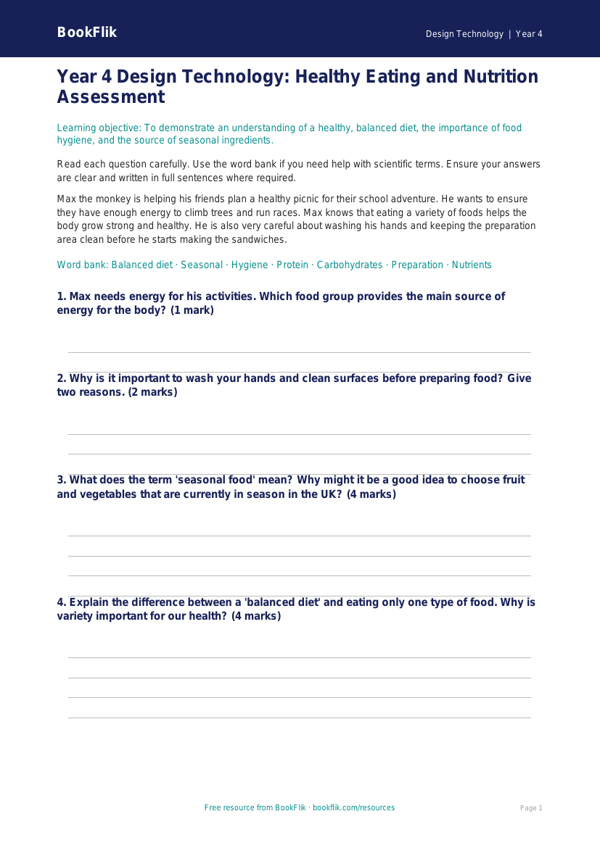 Free Cooking Nutrition Assessment | Year 4 Core | BookFlik worksheet preview — Design-Technology Cooking Nutrition