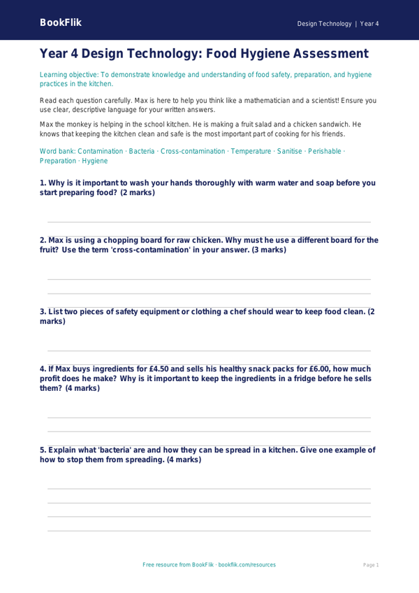 Free Food Hygiene Assessment | Year 4 Core | BookFlik worksheet preview — Design-Technology Food Hygiene