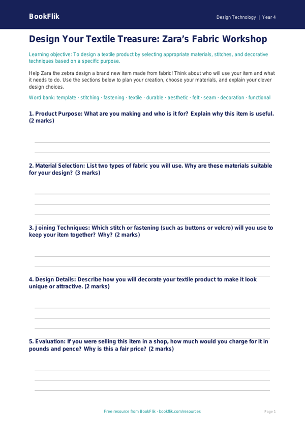 Free Textiles Template | Year 4 Core | BookFlik worksheet preview — Design-Technology Textiles