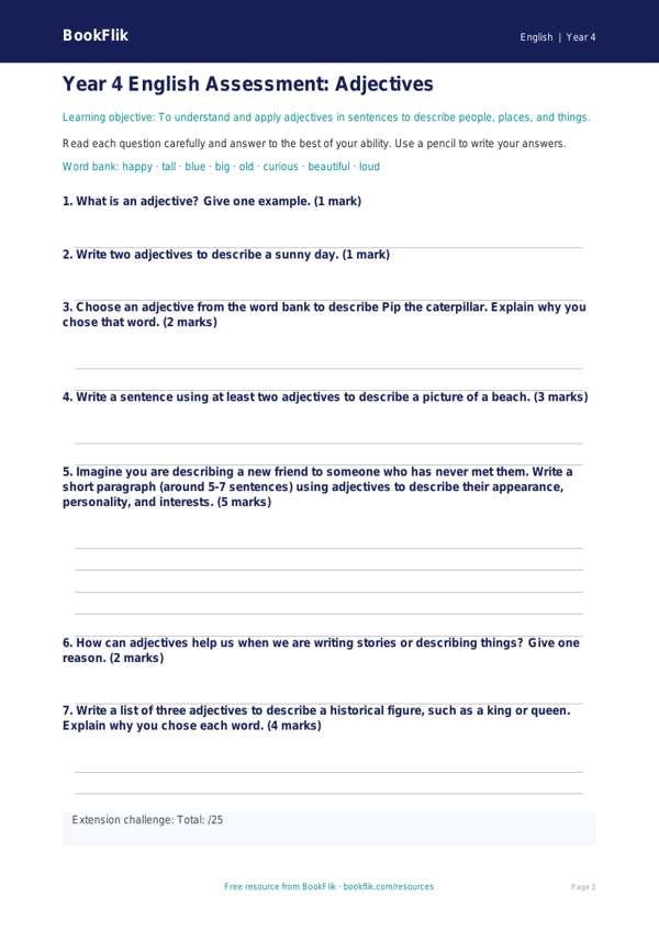 Free Adjectives Worksheet | Year 4 English | Download Now worksheet preview — English Adjectives