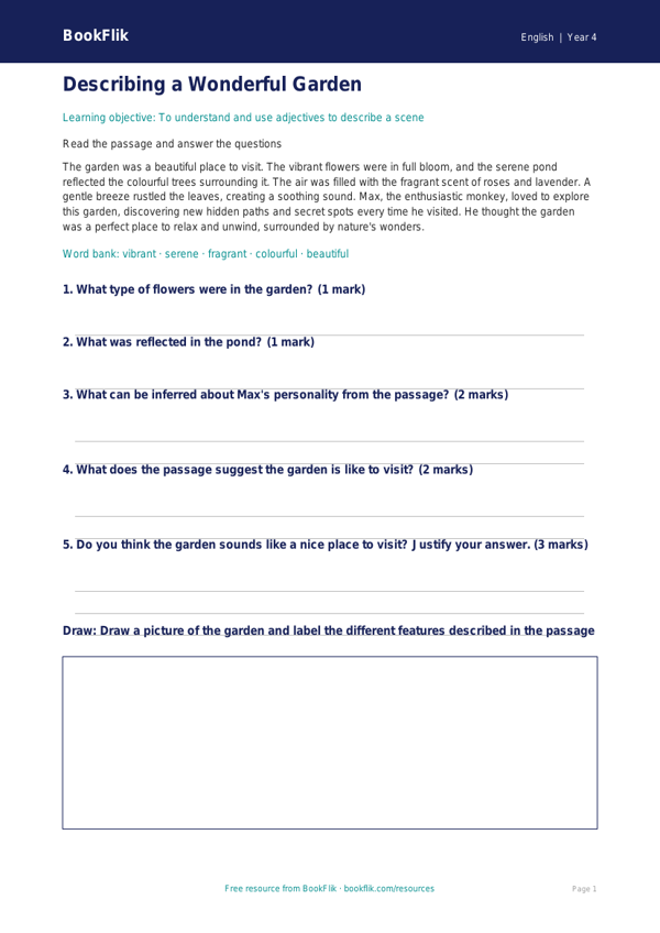Free Adjectives Comprehension | Year 4 Core | BookFlik worksheet preview — English Adjectives