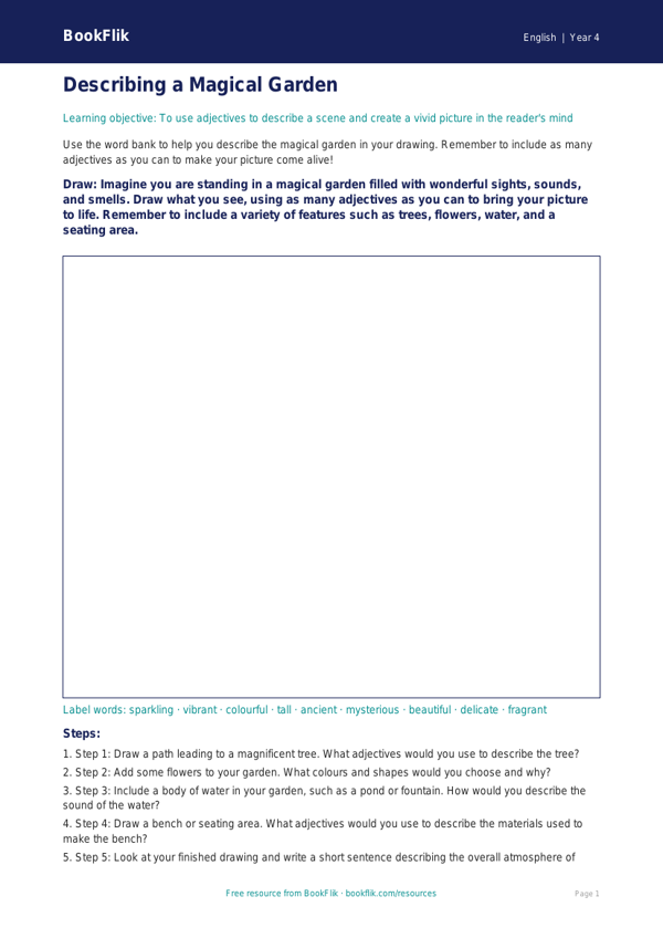 Free Adjectives Drawing Sheet | Year 4 Core | BookFlik worksheet preview — English Adjectives