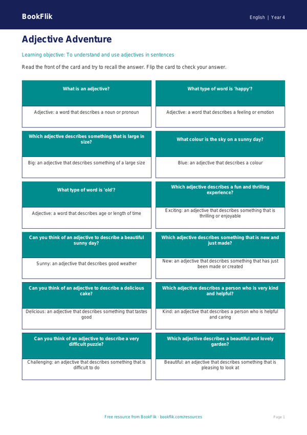 Free Adjectives Worksheet | Year 4 English | Educational Resource worksheet preview — English Adjectives
