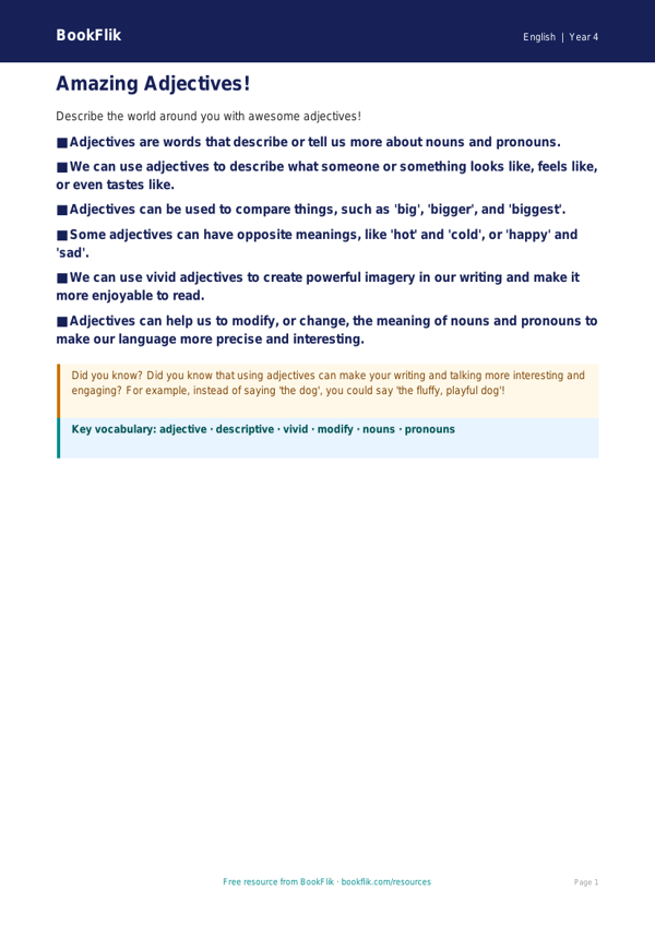 Free Educational Worksheet | Learning Resources | BookFlik worksheet preview — English Adjectives