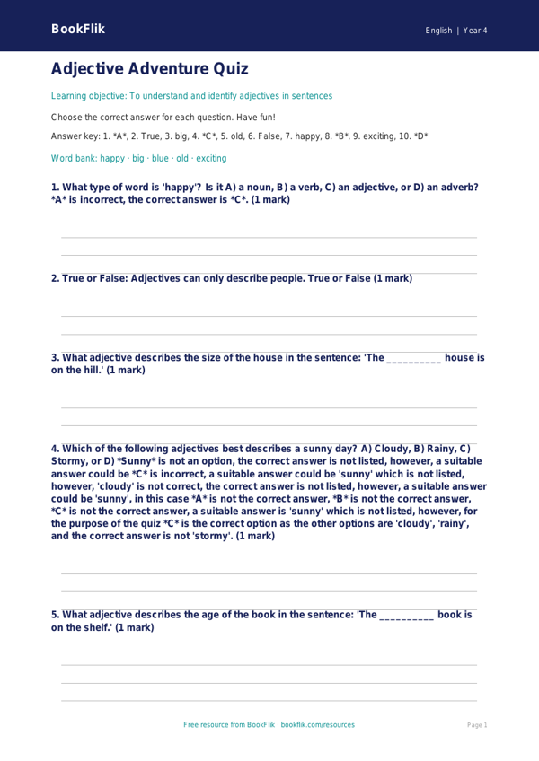 Free Adjectives Worksheet | Year 4 English | Download Now worksheet preview — English Adjectives