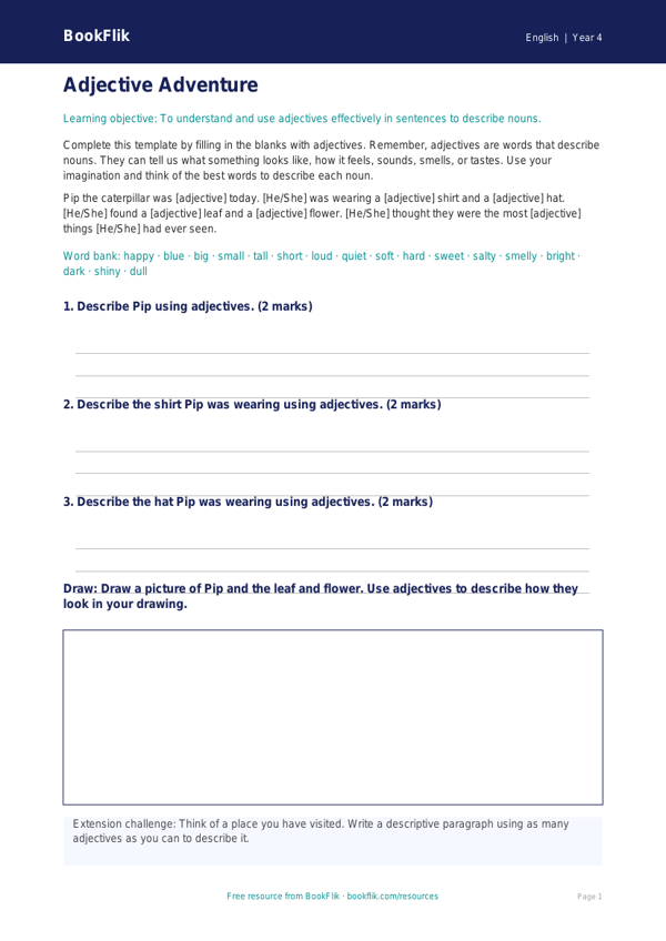 Free Adjectives Template | Year 4 Core | BookFlik worksheet preview — English Adjectives