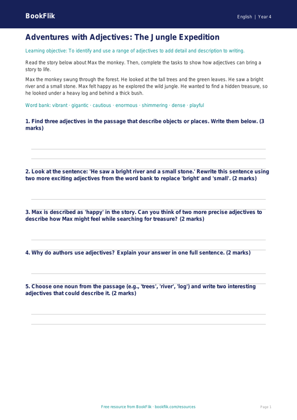 Free Adjectives Track Sheet | Year 4 Core | BookFlik worksheet preview — English Adjectives
