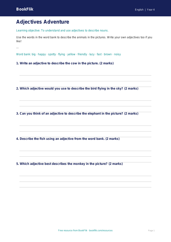 Free Adjectives Worksheet | Year 4 Core | BookFlik worksheet preview — English Adjectives