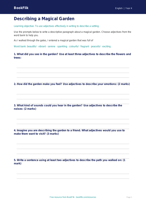 Free Adjectives Writing Frame | Year 4 Core | BookFlik worksheet preview — English Adjectives