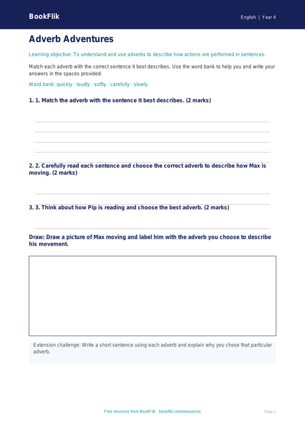 Free Adverbs Activity Sheet | Year 4 Core | BookFlik worksheet preview — English Adverbs