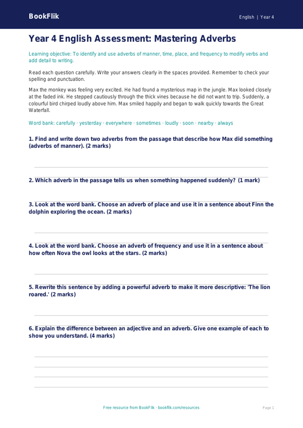 Free Adverbs Assessment | Year 4 Core | BookFlik worksheet preview — English Adverbs