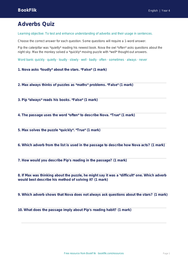 Free Adverbs Quiz | Year 4 Core | BookFlik worksheet preview — English Adverbs