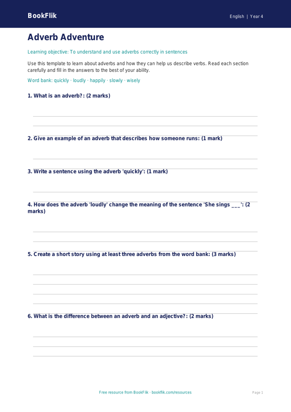 Free Adverbs Worksheet | Year 4 English | Download Now worksheet preview — English Adverbs